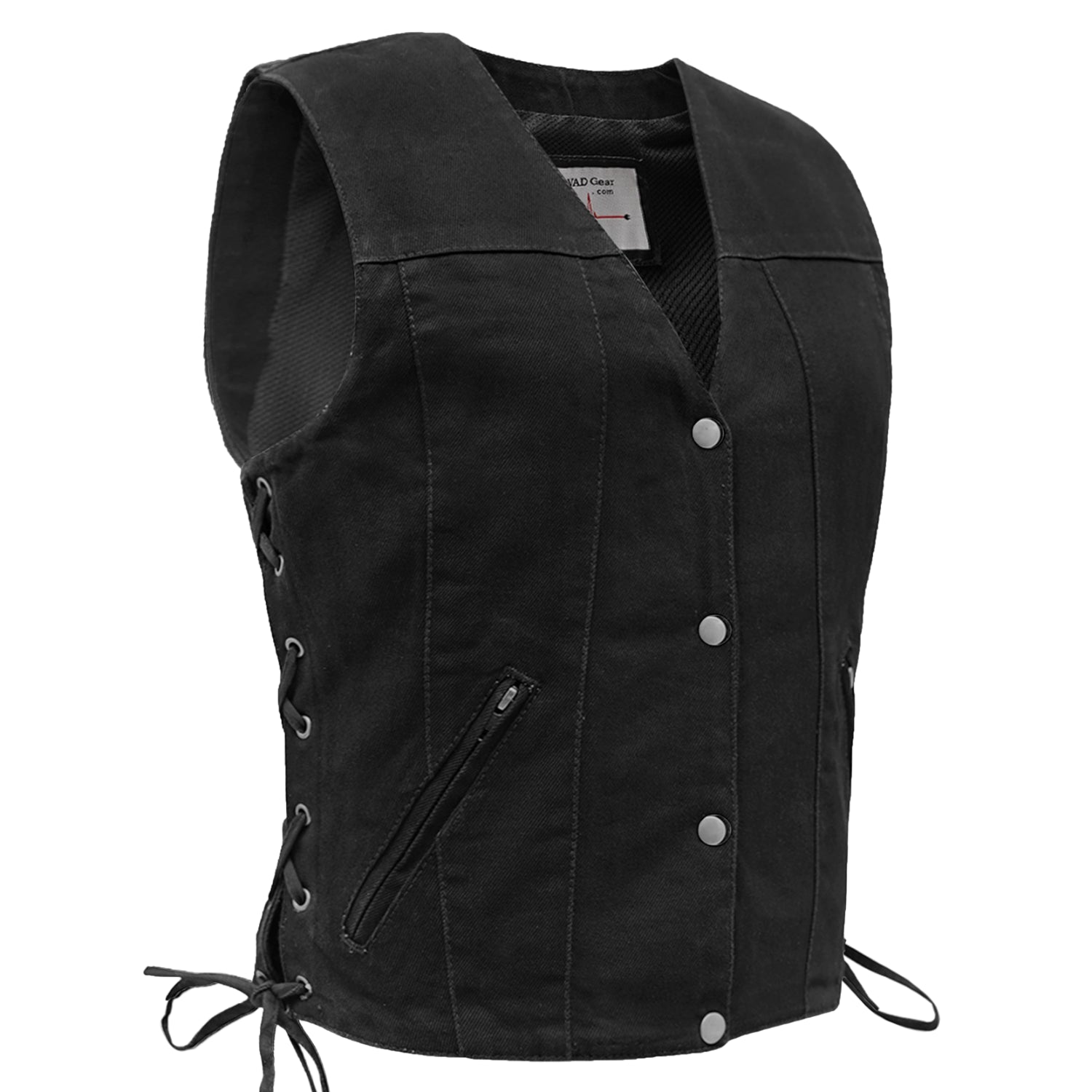 Women’s black LVAD HeartMate denim vest with side lacing, zip pockets, and device holders